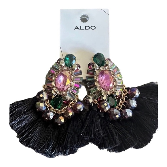 Aldo black tassel‎ crystal cubic zirconia multi gemstone statement earrings new - Picture 1 of 2